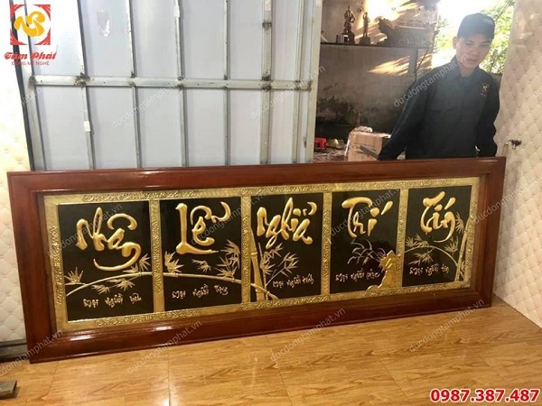 Bức tranh chữ đồng Nhân Lễ Nghĩa Trí Tín kích thước 2m x 60cm thếp vàng 9999 cho khách..!