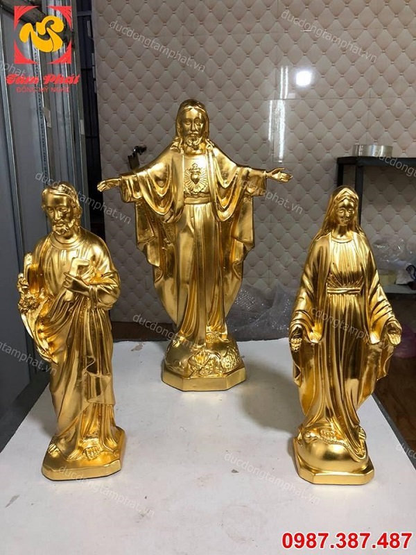Bộ ba tượng đồng Đức Mẹ Maria, Đức Chúa Giêsu và Thánh Giuse thếp vàng 9999, cao 40cm và 50cm (Phần 3)