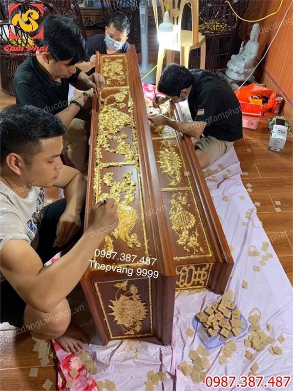 Thếp vàng quỳ 9999 sập thờ gỗ hương cho khách Diễn Châu - Nghệ An tuyệt đẹp..!